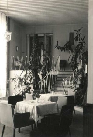 Dresden-Loschwitz. Klub der Intelligenz (Dresdner Klub) im ehemaligen Lingnerschloß. Tanzcafé. Blick von der Bar zur Treppe