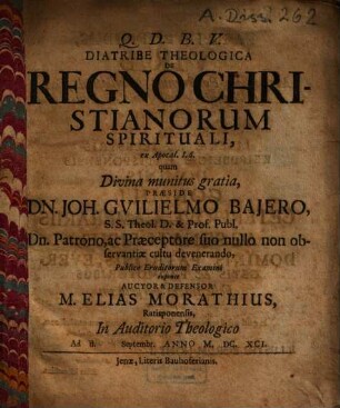 Diatribe Theologica De Regno Christianorum Spirituali : ex Apocal. I. 6.