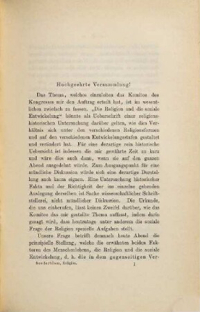Die Religion und die soziale Entwickelung : Vortrag auf dem ersten religionswissenschaftlichen Kongress in Stockholm, gehalten am 31. August 1897