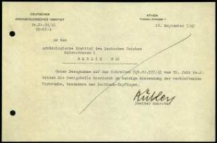 Schreiben (Abschrift); DAI Athen an AIDR (Vordrucke)