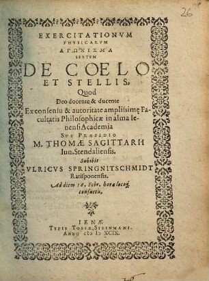 EXERCITATIONVM PHYSICARVM AGŌNISMA SEXTVM DE COELO ET STELLIS