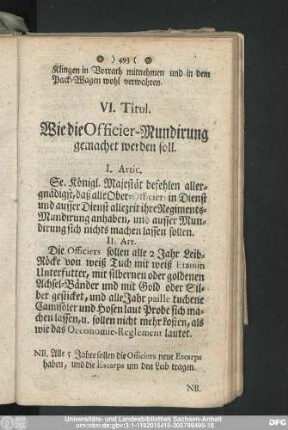 VI. Titul. Wie die Officier-Mundirung gemachet werden soll.