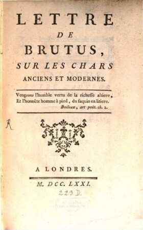Lettre de Brutus, sur les chars anciens et modernes