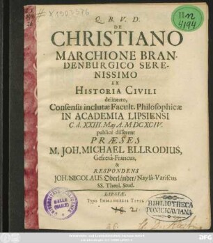 De Christiano Marchione Brandenburgico Serenissimo Ex Historia Civili delineato