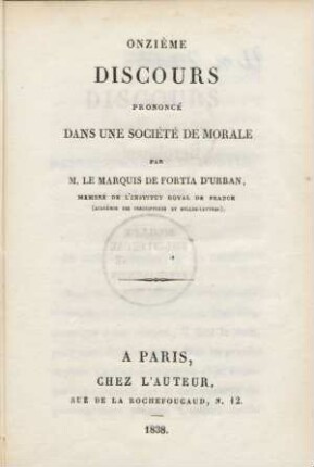 Onzième Discours prononcé dans une société de morale