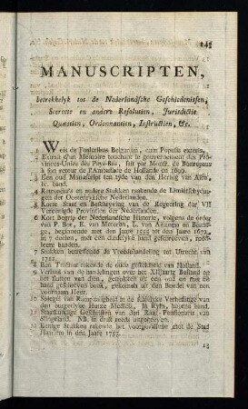 143-159, Manuscripten, betrekkelyk tot de de Nederlandsche Geschiedenissen...