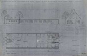 Tekturplan zum Bau eines Werkstattgebäudes für die Bay. Landesanstalt u. Institut f. Landtechnik der Techn. Hochschule München in Weihenstephan (Grundriss / Ansichten, M 1 : 1)