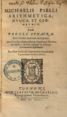Arithmetica, Musica et geometria : Item Procli sphaera