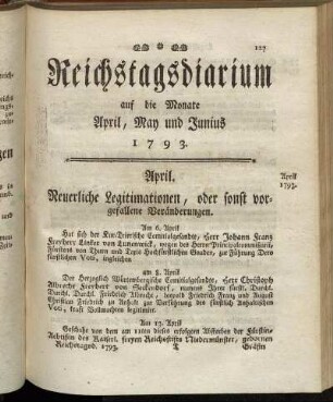 Reichstagsdiarium auf die Monate April, May und Junius 1793.