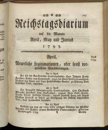 Reichstagsdiarium auf die Monate April, May und Junius 1793.