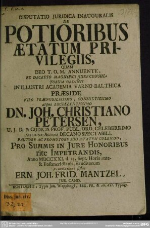Disputatio Iuridica Inauguralis De Potioribus Aetatum Privilegiis