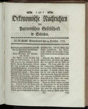 XLIII. Stück. Sonnabends den 24 October. 1778.