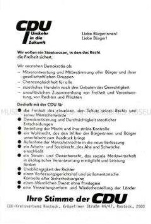 Flugblatt des CDU-Kreisverband Rostock mit Programmschwerpunkt Staatswesen