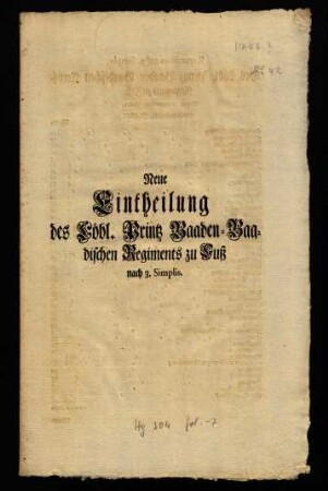Neue Eintheilung des Löbl. Printz Baaden-Baadischen Regiments zu Fuß nach 3. Simplis