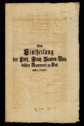 Neue Eintheilung des Löbl. Printz Baaden-Baadischen Regiments zu Fuß nach 3. Simplis