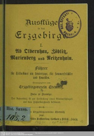 1.1890: Ausflüge in das Erzgebirge : Führer für Teilnehmer am Sonderzuge, für Sommerfrischler und Touristen