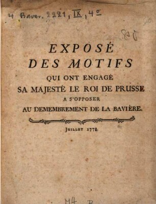 Exposé Des Motifs Qui Ont Engagé Sa Majesté Le Roi De Prusse A S'Opposer Au Demembrement De La Bavière