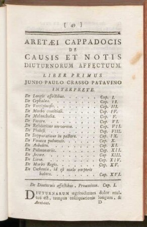Aretaei Cappadocis De Causis Et Notis Diuturnorum Affectuum Liber Primus