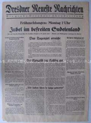 Früh-Ausgabe (Nachrichtenblatt) der "Dresdner Neueste Nachrichten" zur Besetzung des Sudetenlandes