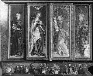 Im Schrein: Szene aus dem Leben des heiligen Erasmus, flankiert von weiblichen und männlichen Heiligen