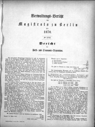 No. XVIII. Bericht der Forst- und Oeconomie-Deputation