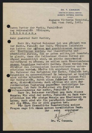 Canaan an Rector der Mediz. Fakultät. 7.6.1951