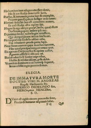 Elegia. De Immatura Morte Doctiss: Viri M. Andreae Kegelii Hetstetensis &c. ...