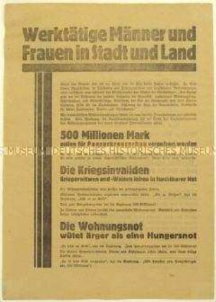 Aufruf zur Teilnahme am Volksbegehren gegen den Panzerkreuzerbau 1928