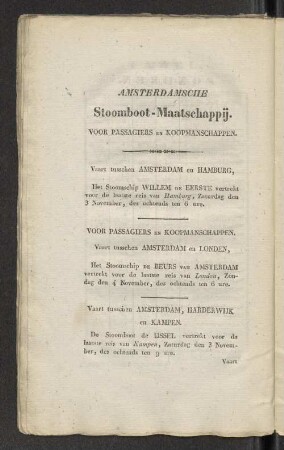 Amsterdamsche Stoomboot-Maatschappij. Voor Passagiers en Koopmanschappen.