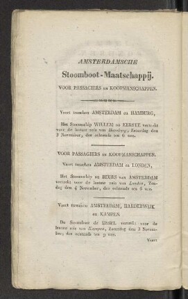 Amsterdamsche Stoomboot-Maatschappij. Voor Passagiers en Koopmanschappen.
