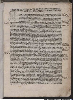 Bucolica : mit Vita Vergilii und Vorrede zu den Bucolica von Aelius Donatus in der 'Donatus auctus'-Fassung. Mit Widmungsvorreden zu den Vergil-Werken an Piero de' Medici von Christophorus Landinus