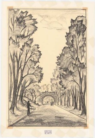Erweiterungsplanung Volkspark Jungfernheide (Nordostteil), Berlin-Wedding: Perspektivische Ansicht mit Blick auf die Wegeunterführung zum Volkspark Rehberge (auf die Brücke), Stempel