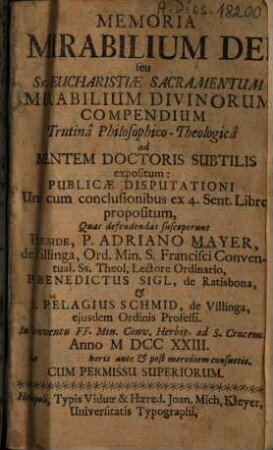 Memoria mirabilium dei seu ss. eucharistiae sacramentum mirabilium divinorum compendium