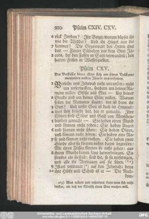 Psalm CXV. Der Verfasser bittet Gott sich um seiner Vollkommenheiten willen Israels anzunehmen.
