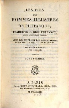Les vies des hommes illustres de Plutarque, 1