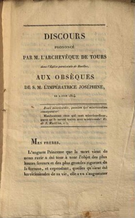 Discours prononcés par l'archeveque de Tours aux obsèques de l'imperatrice Josephine