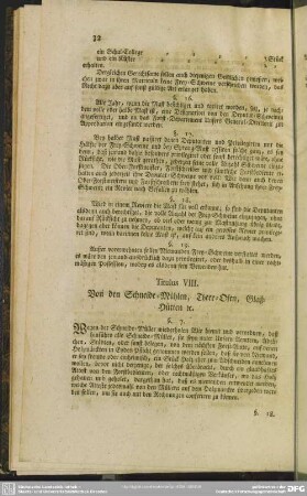 Titulus VIII. Von den Schneide-Mühlen, Theer-Ofen, Glaß-Hütten [et]c.
