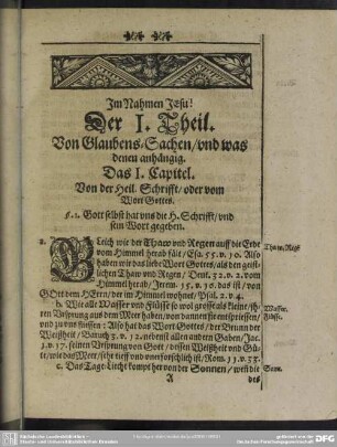 Der I. Theil. Von Glaubens-Sachen, und was denen anhängig