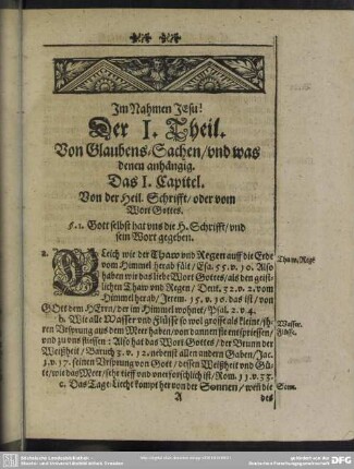 Der I. Theil. Von Glaubens-Sachen, und was denen anhängig