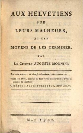 Aux Helvétiens sur leurs malheurs, et les moyens de les terminer