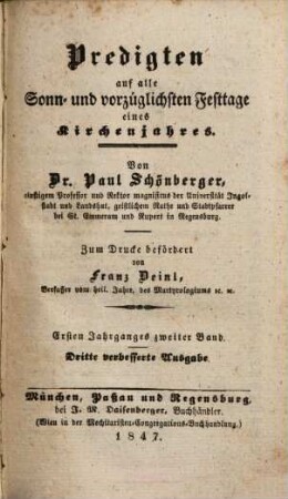 Predigten auf alle Sonn- und vorzüglichsten Festtage eines Kirchenjahres, 1,2