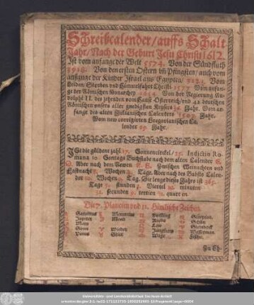 Schreibcalender/ auffs SchaltJahr/ Nach der Geburt Jesu Christi 1612.
