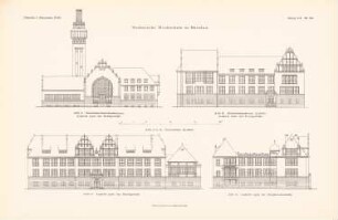 Technische Hochschule Breslau: Ansicht von der Borsigstraße Maschinenbaulaboratorium, Elektronisches Institut, Chemisches Institut, Ansicht von der Heidenhainstraße Chemisches Institut (aus: Atlas zur Zeitschrift für Bauwesen, hrsg. v. Ministerium der öffentlichen Arbeiten, Jg. 60, 1910)