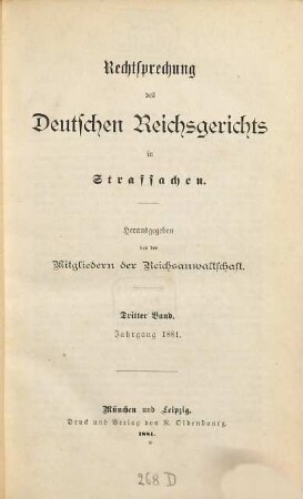 Rechtsprechung des Deutschen Reichsgerichts in Strafsachen. 3. 1881