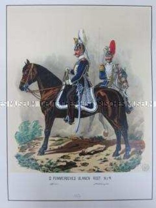 Uniformdarstellung, Offizier und Stabstrompeter des 2. Pommerschen Ulanen-Regiments No. 9 zu Pferd, Preußen, 1864. Tafel 15 aus: Schindler: Militair-Album.