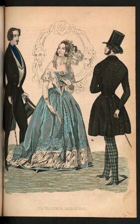 Pariser Moden. Zwei Herren in Frack und Pantalon mit Falten (oder Gehrock) mit Zylinder und Dame in Hoftracht. Druck nach Farbkupfer von P. & G.?; 22,4 x 15,7 cm. Kunstbeilage nach Seite 252 aus: Zeitung für die elegante Welt. Herausgegeben von H. Laube, Nr. 10 vom 8. März 1843. Dresden: SLUB Eph.lit.0296