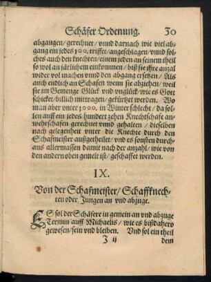 IX. Von der Schafmeister/ Schaffknechten oder Jungen an und abzuge.
