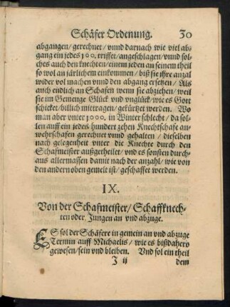 IX. Von der Schafmeister/ Schaffknechten oder Jungen an und abzuge.