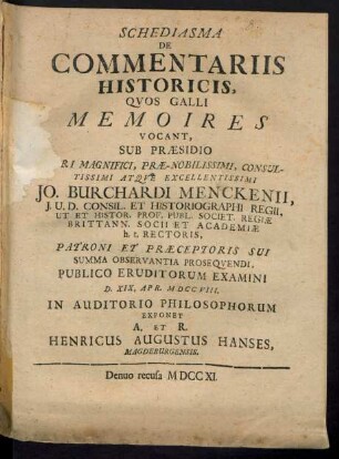Schediasma De Commentariis Historicis, Qvos Galli Memoires Vocant