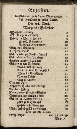 Register. der Gebether, so in diesem Baumgarten sind abgetheilet in zwölf Theile
